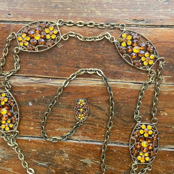 Vintage Rhinestone Floral Heavy Gold Tone Chain Rope Belt Baroque Statement 44\